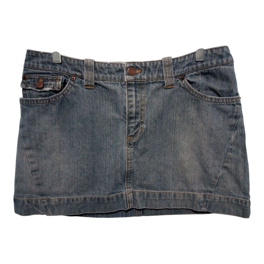 American Eagle Denim Mini Skirt Distressed Stone Wash Flap Pocket Womens Sz 10